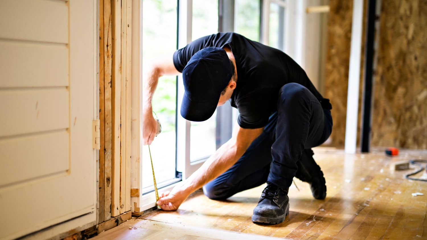 A person repairing a sliding door, using tools and wearing protective gloves, in a well-lit room with a wooden floor.