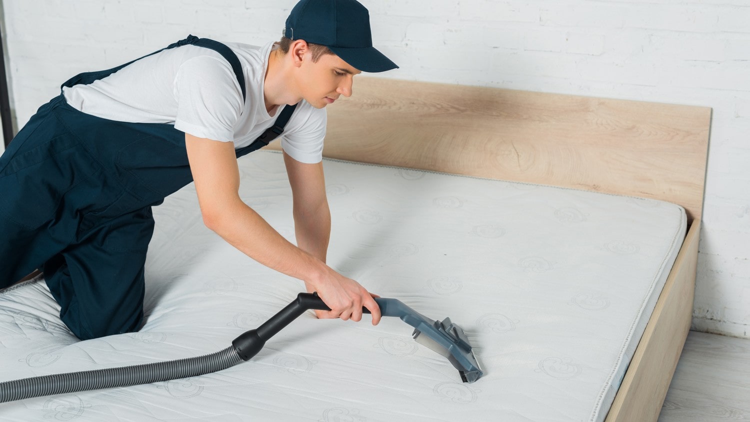 A close-up of a person cleaning a mattress with a vacuum cleaner, removing dust and dirt particles.