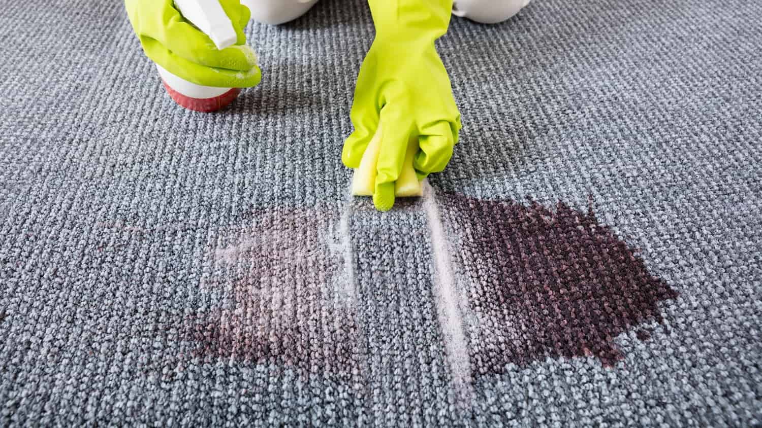 A close-up image of a hand holding a cloth and removing a stubborn stain from a carpet.