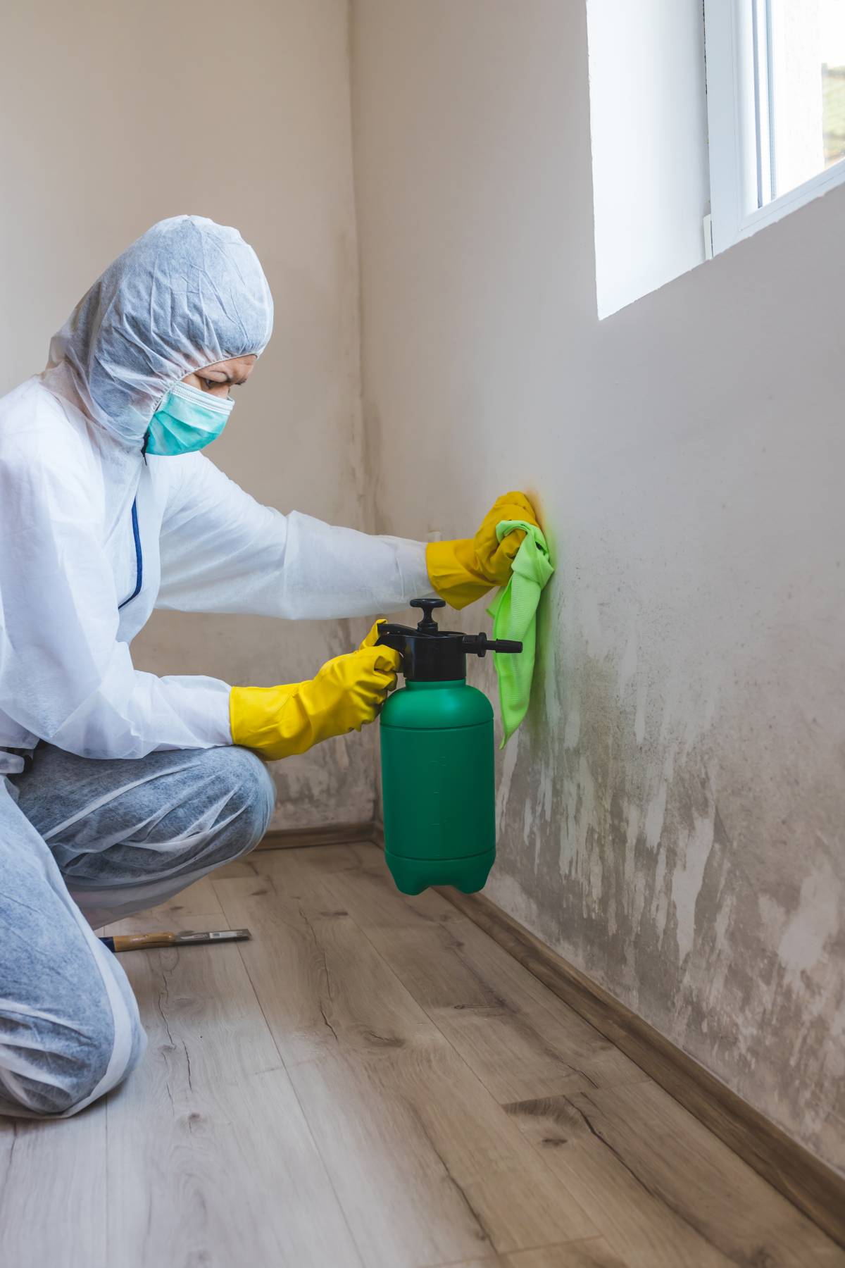 a specialist removing mould from a wall