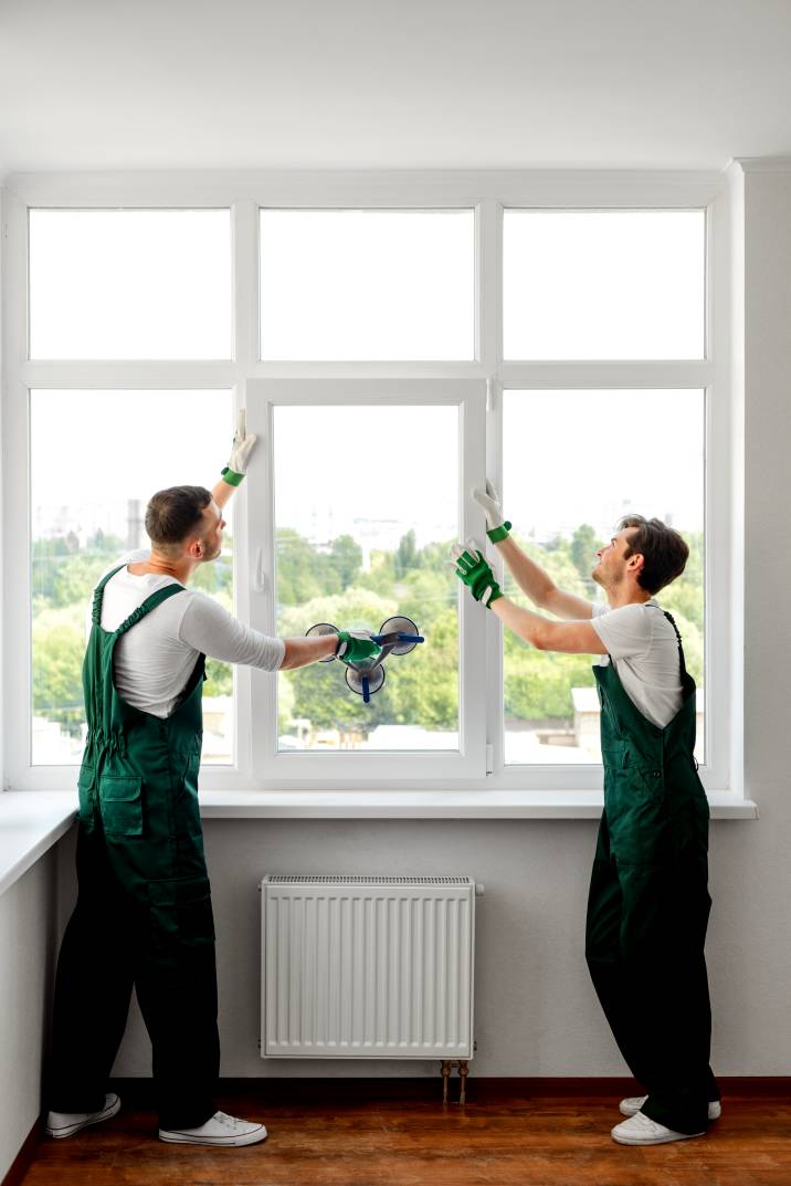 two handymen installing a new window