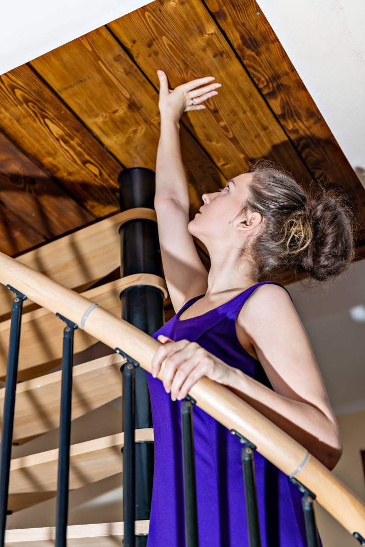 a woman climbing the stairs to an attic