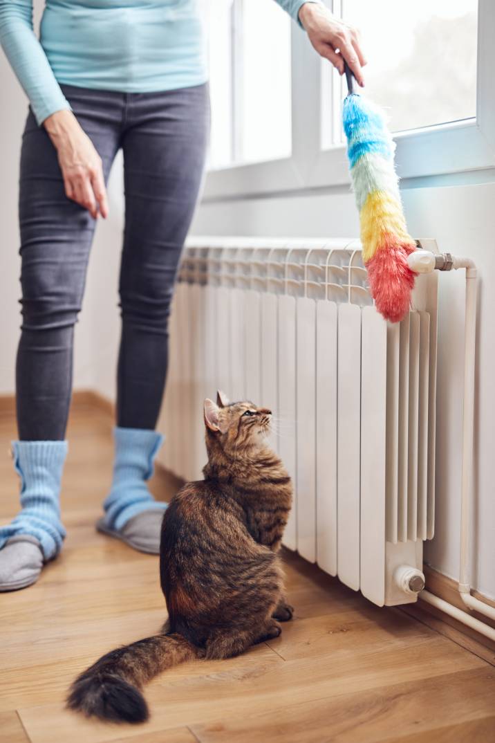 a woman cleaning a home radiator beside a cat