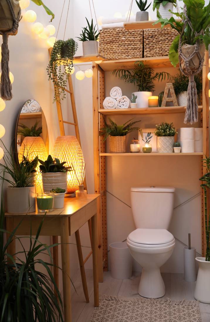 garden powder room with shelving