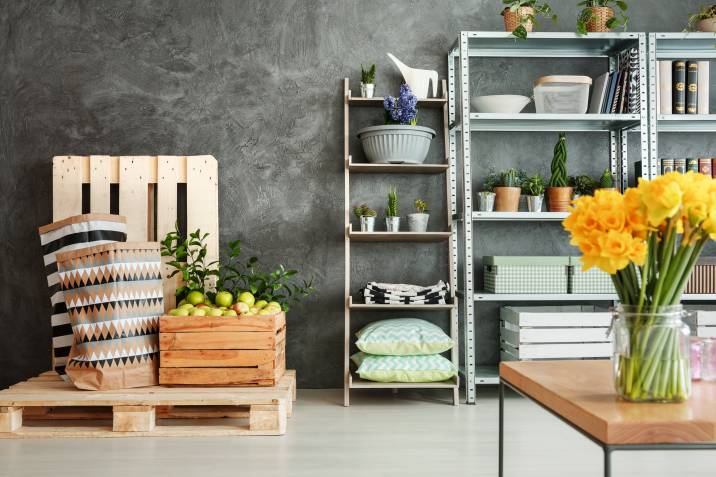 garden storage room with open metal shelving