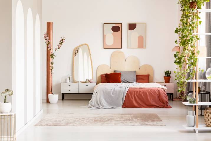 pastel red garden bedroom