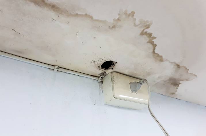 an electrical outlet near a leaky ceiling