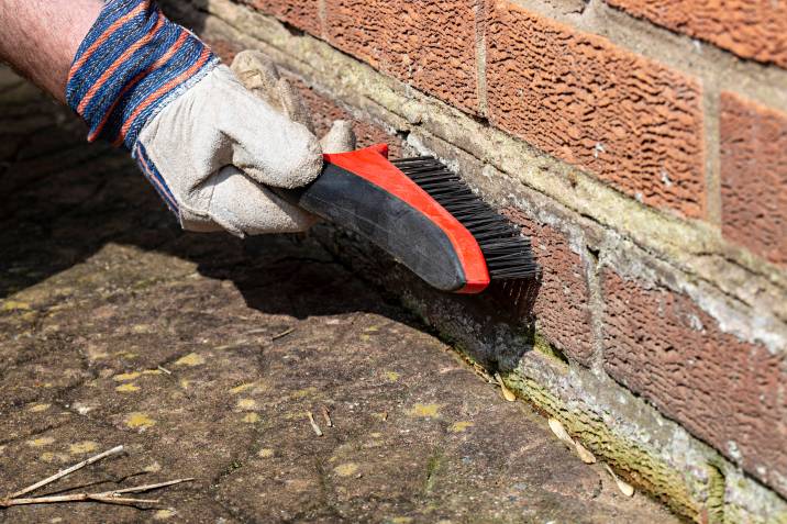 a man brushing a brick wall