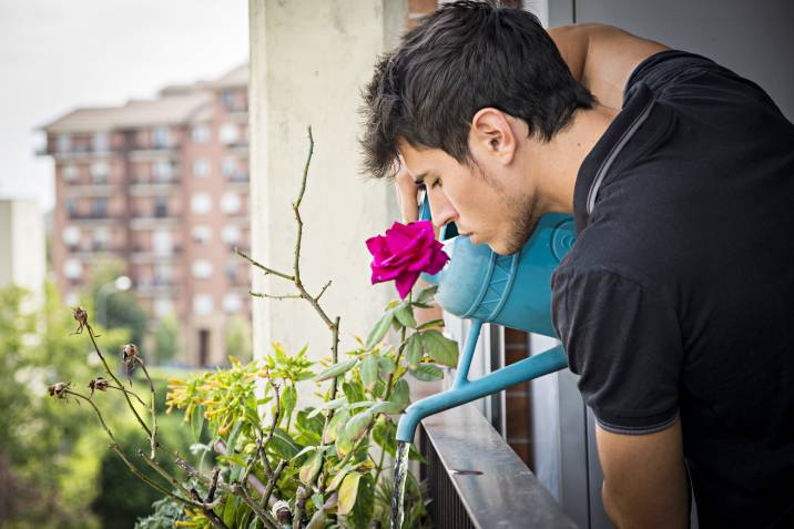 a young man watering potted plants
