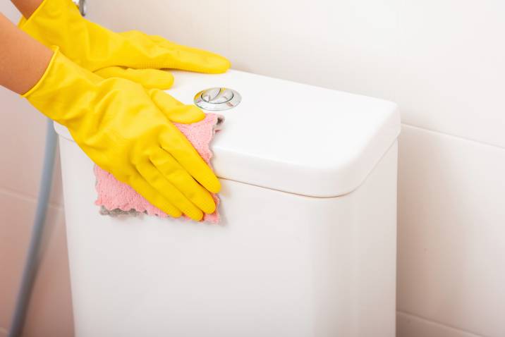 hotel housekeeper wiping toilet seat