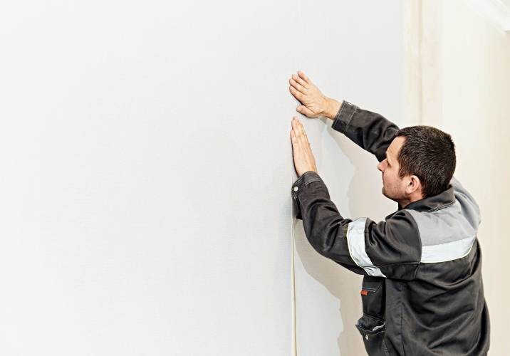 a handyman installing white wallpaper