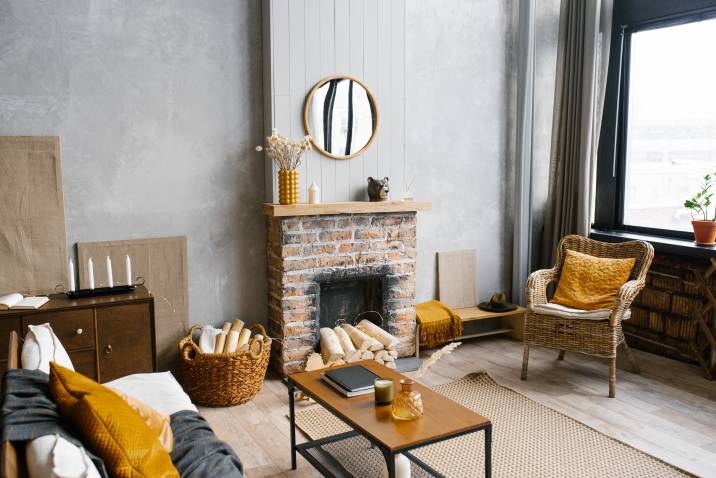 Woodblocks in empty fireplace