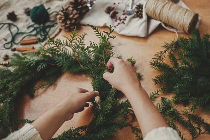 making a Christmas wreath with real leaves