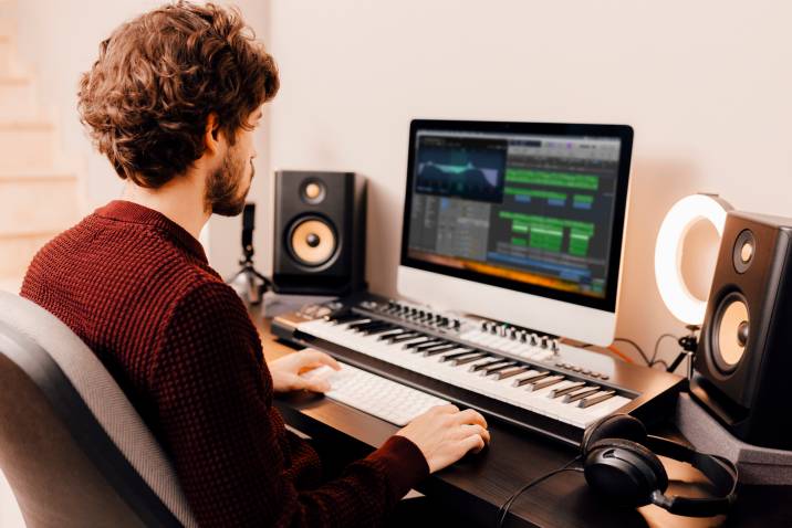 young man composing music beats on computer