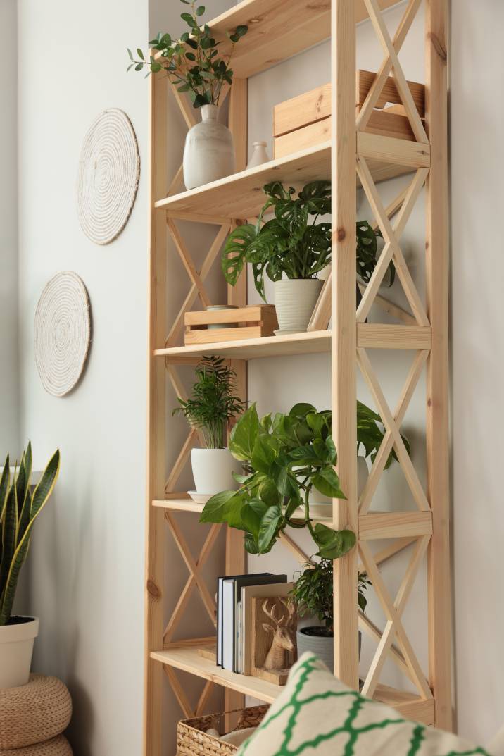 wooden shelving unit for indoor plants