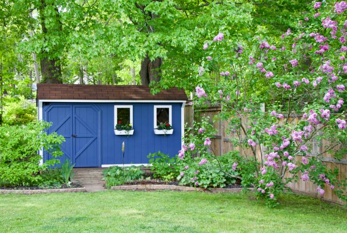 A blue wooden shed with white-trimmed window