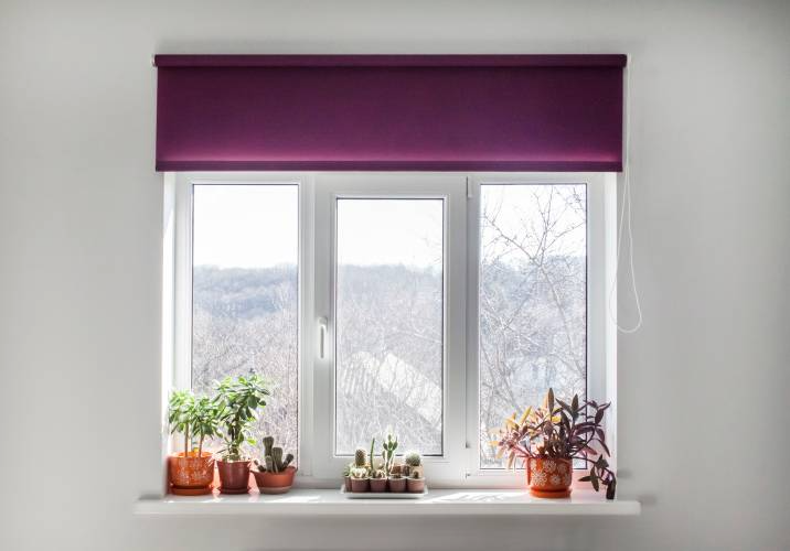 purple window blinds against white wall