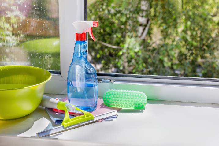 Cleaning products and tools on a window sill