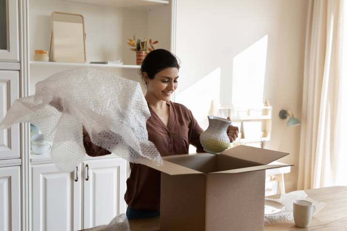 woman preparing to put a vase in a box