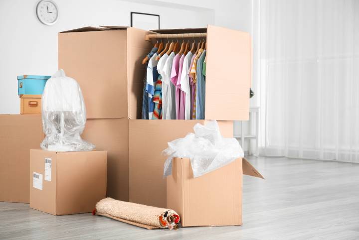 wardrobe box with hung clothes inside