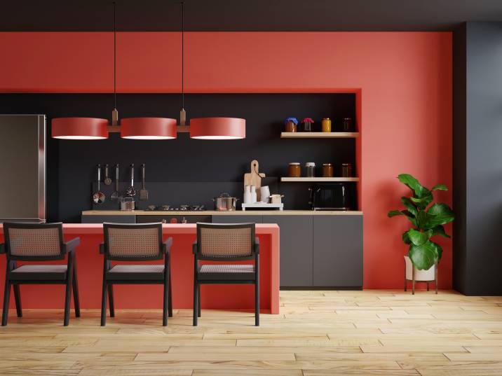 Modern kitchen interior design with red and black wall