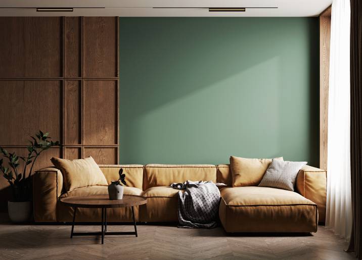 Dark green home interior with brown sofa, table, and decor in living room