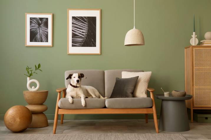Sage green apartment wall. Living room with Scandi sofa, dog, side table, and creative personal accessories