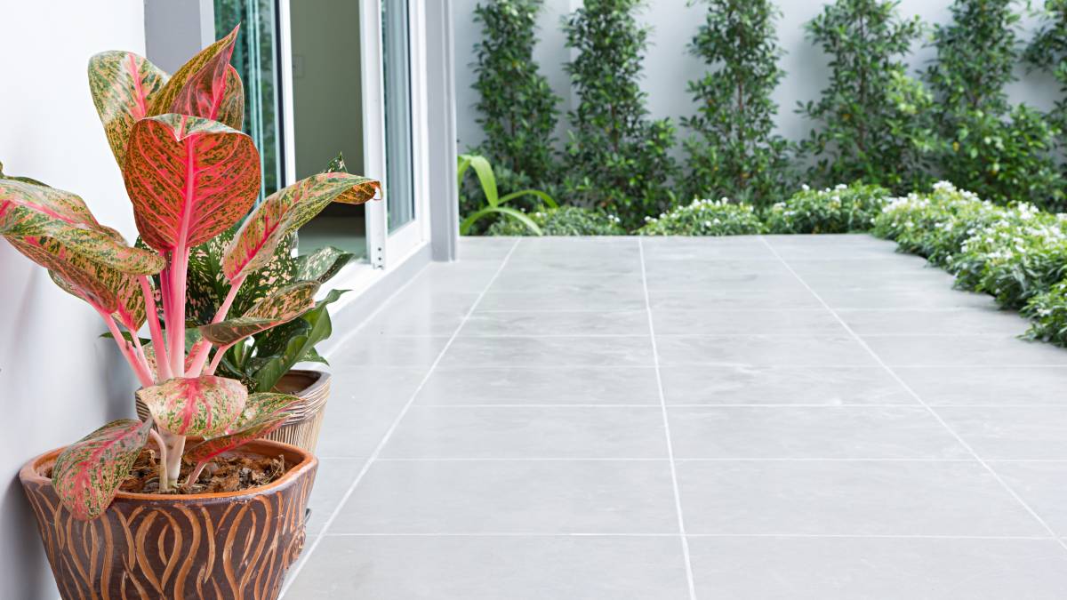 a patio with tiled flooring