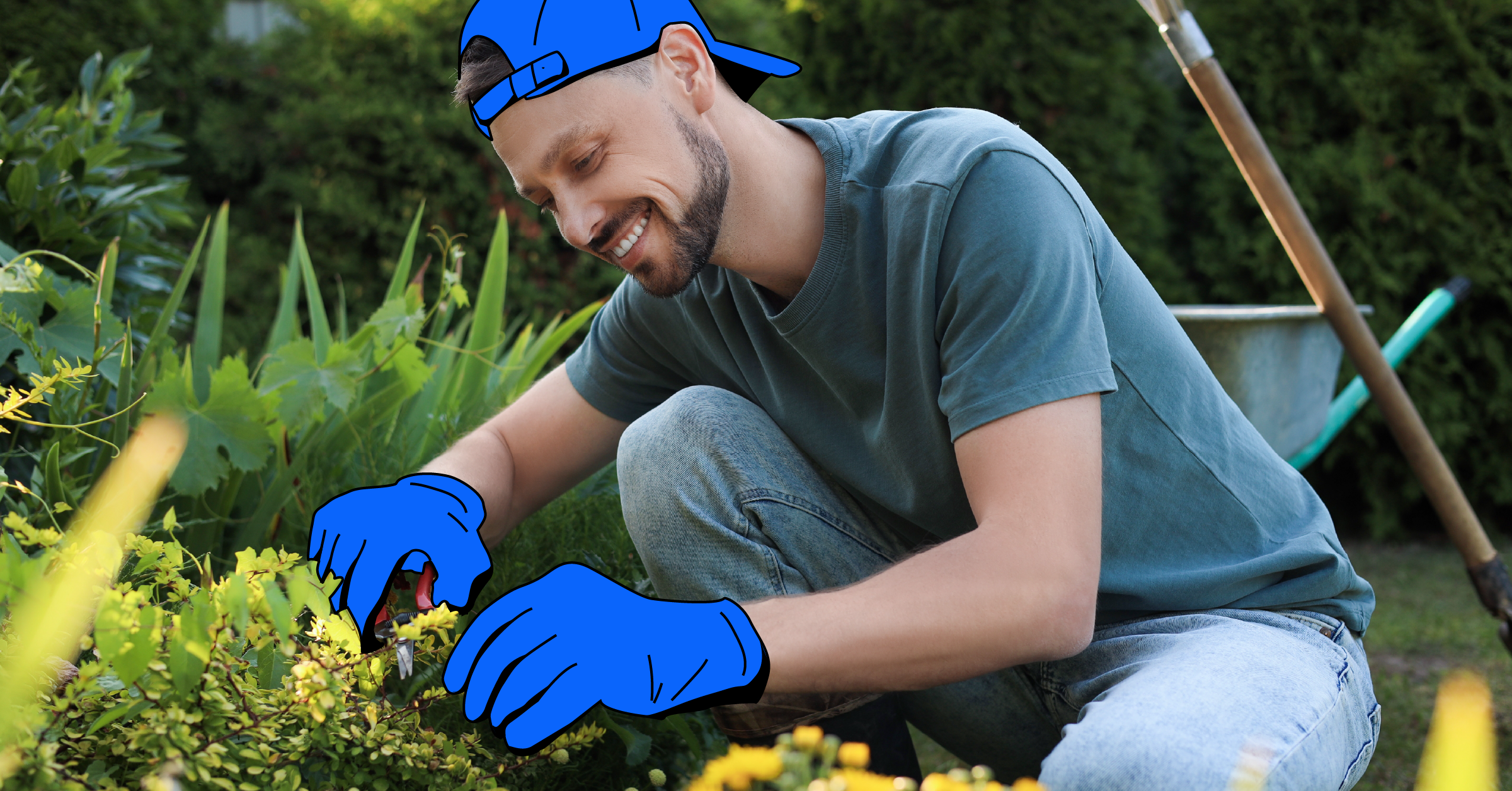 Professional landscaper working on a well-manicured garden with various plants and tools.