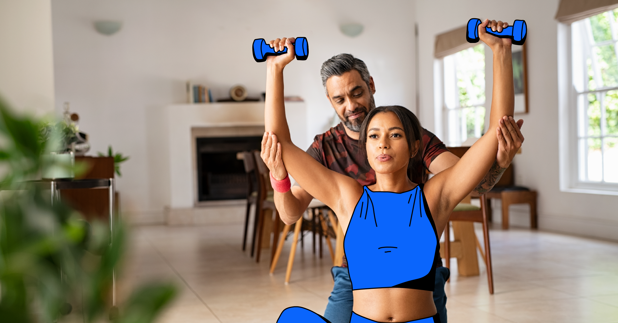 "Fitness trainer guiding a woman doing dumbbell exercises during at at-home session."