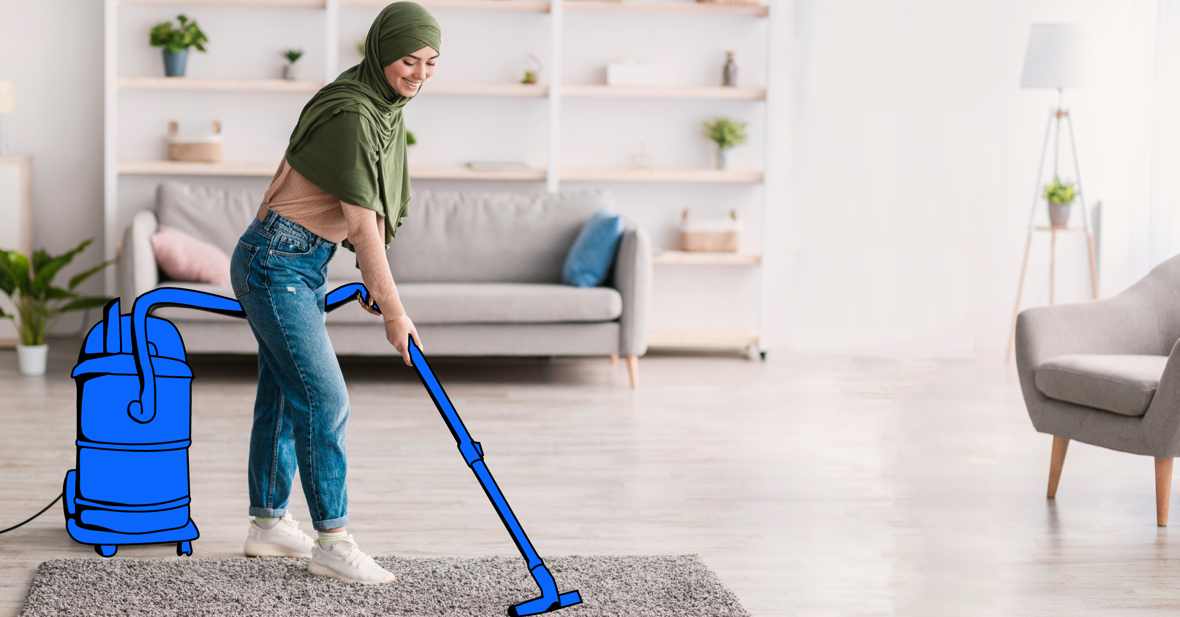 "Professional carpet cleaner using a high-powered vacuum cleaner to deep clean a room's carpet."