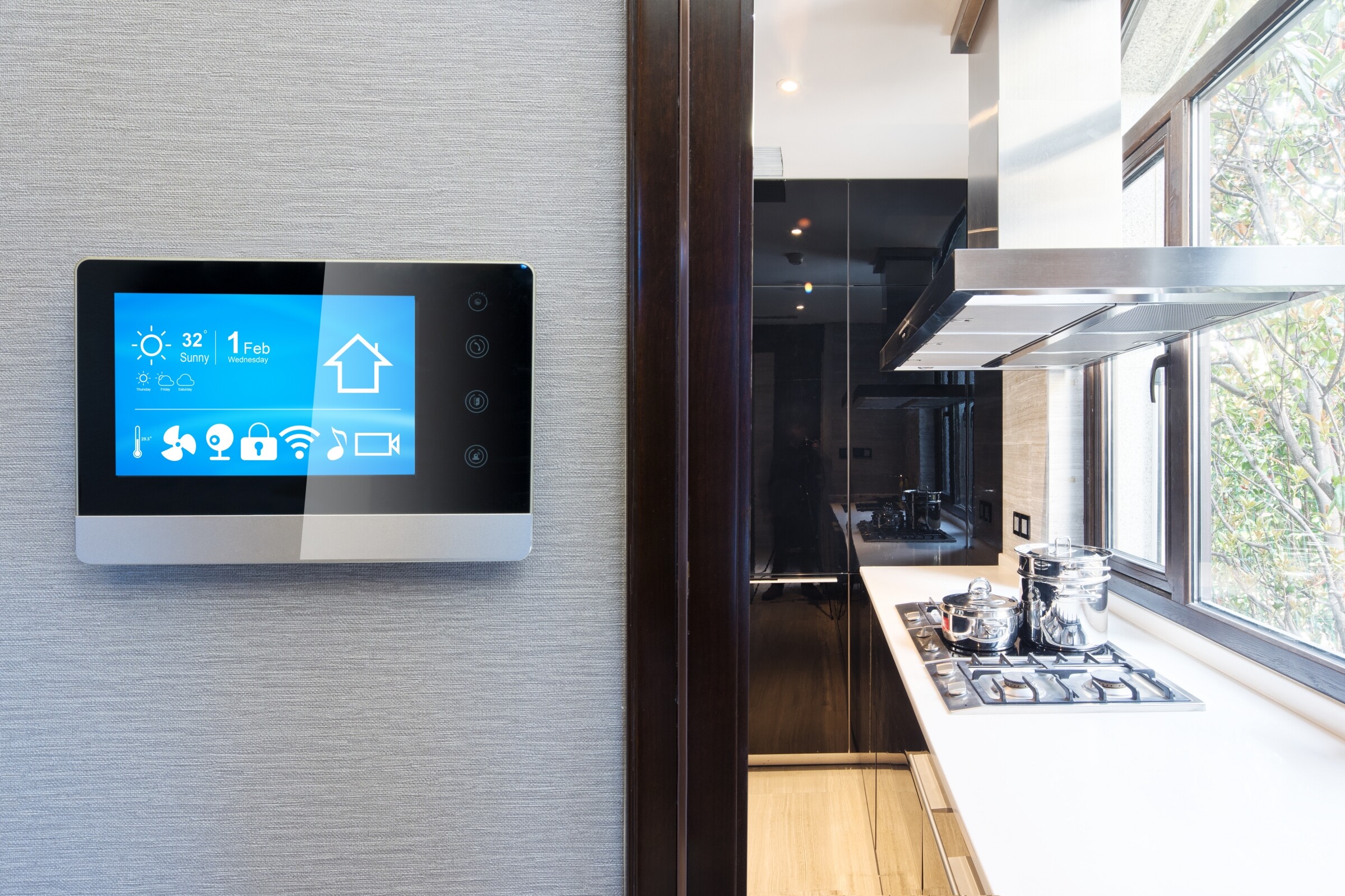 smart tablet on the kitchen wall