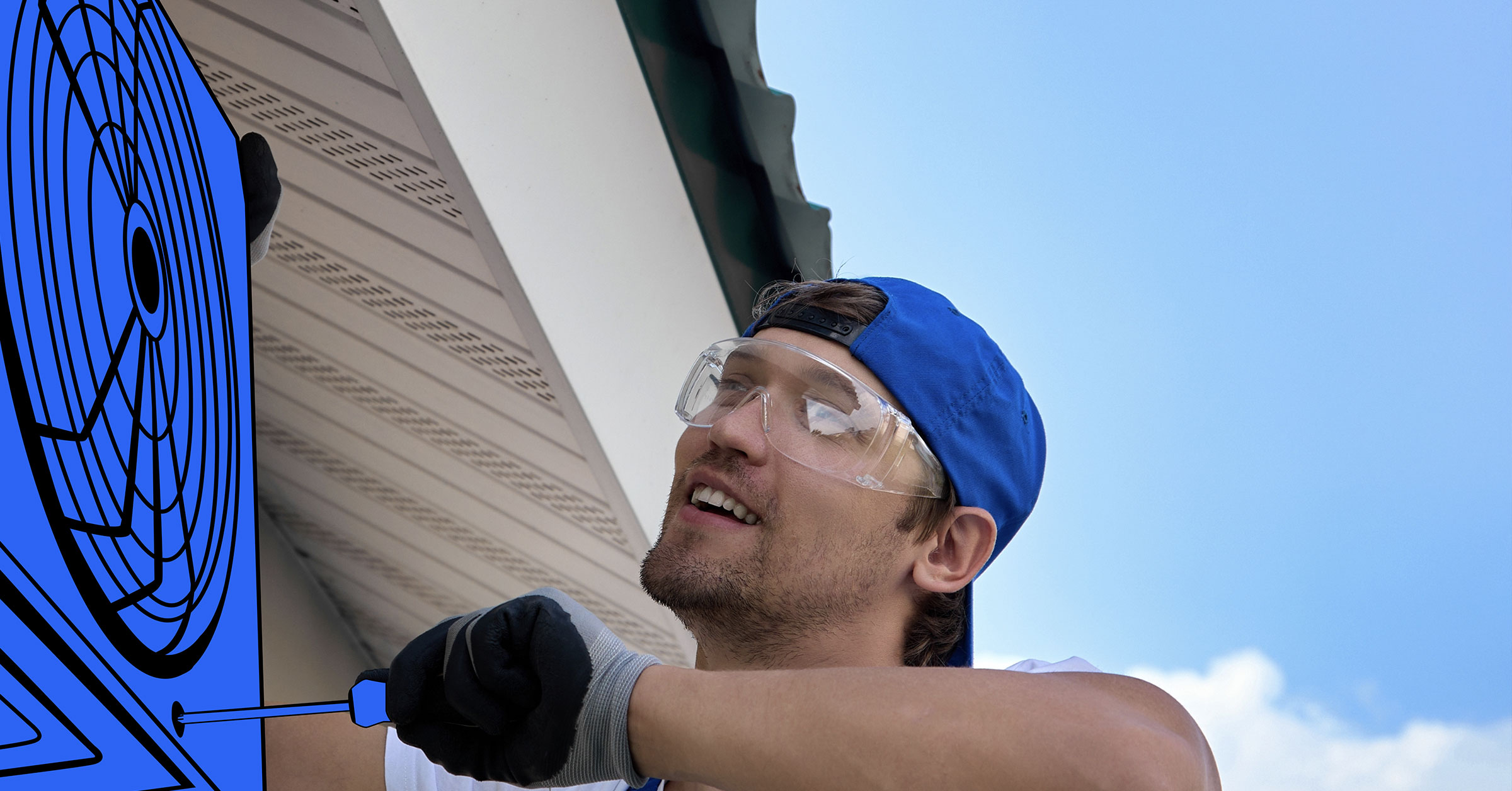 A close up image of a handyman installing a heating and cooling unit.