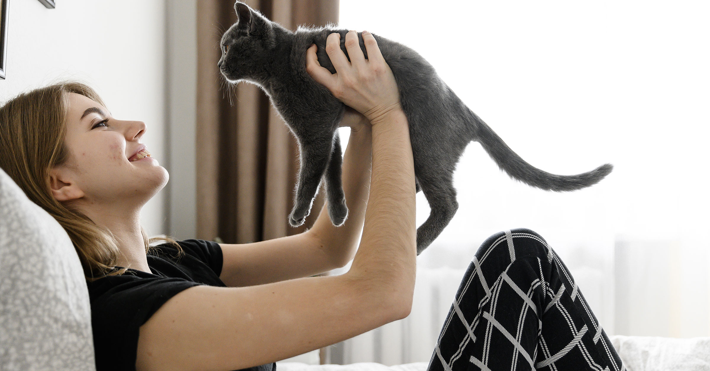 An image of a woman lifting a cute gray cat