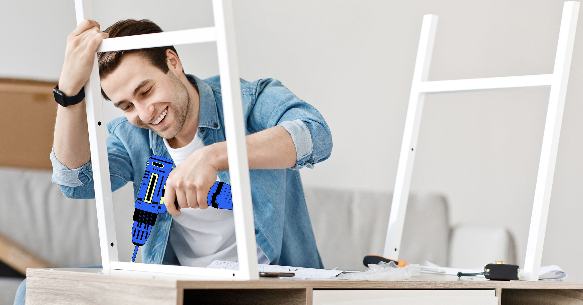 A professional furniture assembler putting together a wooden table in a well lit room.