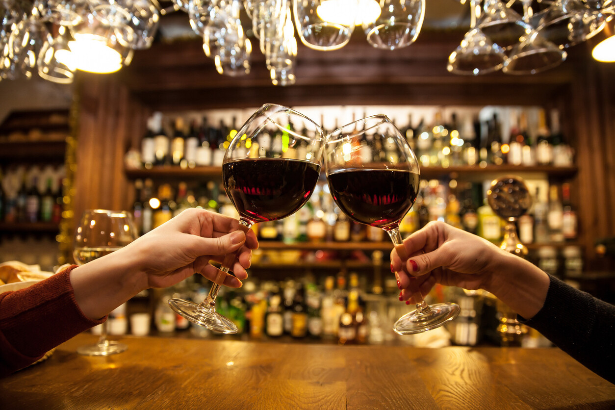 two friends clinking their wine glasses in a bar