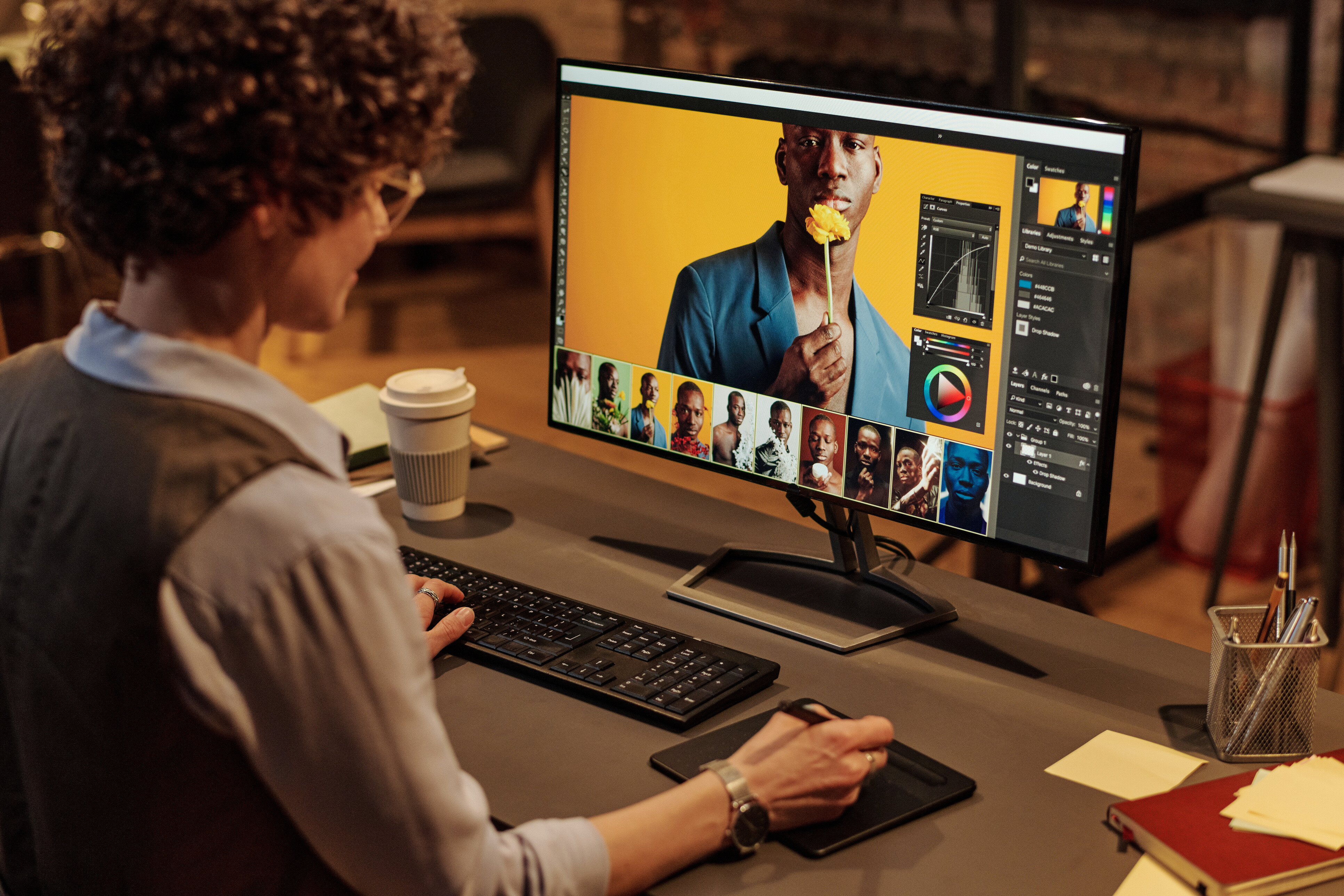 A photo editor retouching a picture with an editing software on his work space.