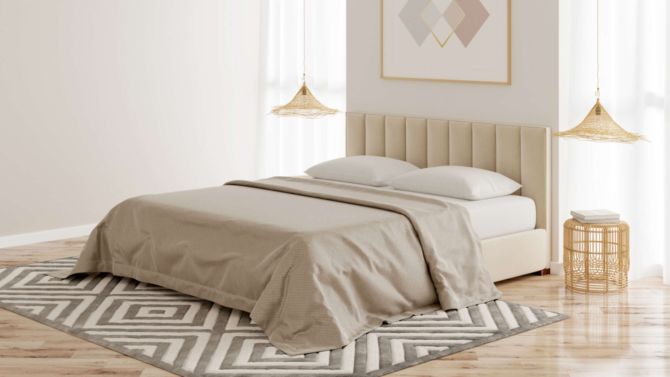 Double bed vs queen bed vs king bed - Interior of a beige bedroom with a bed