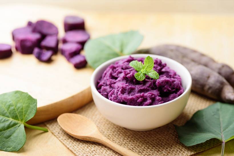 ube vs taro - mashed ube in a bowl