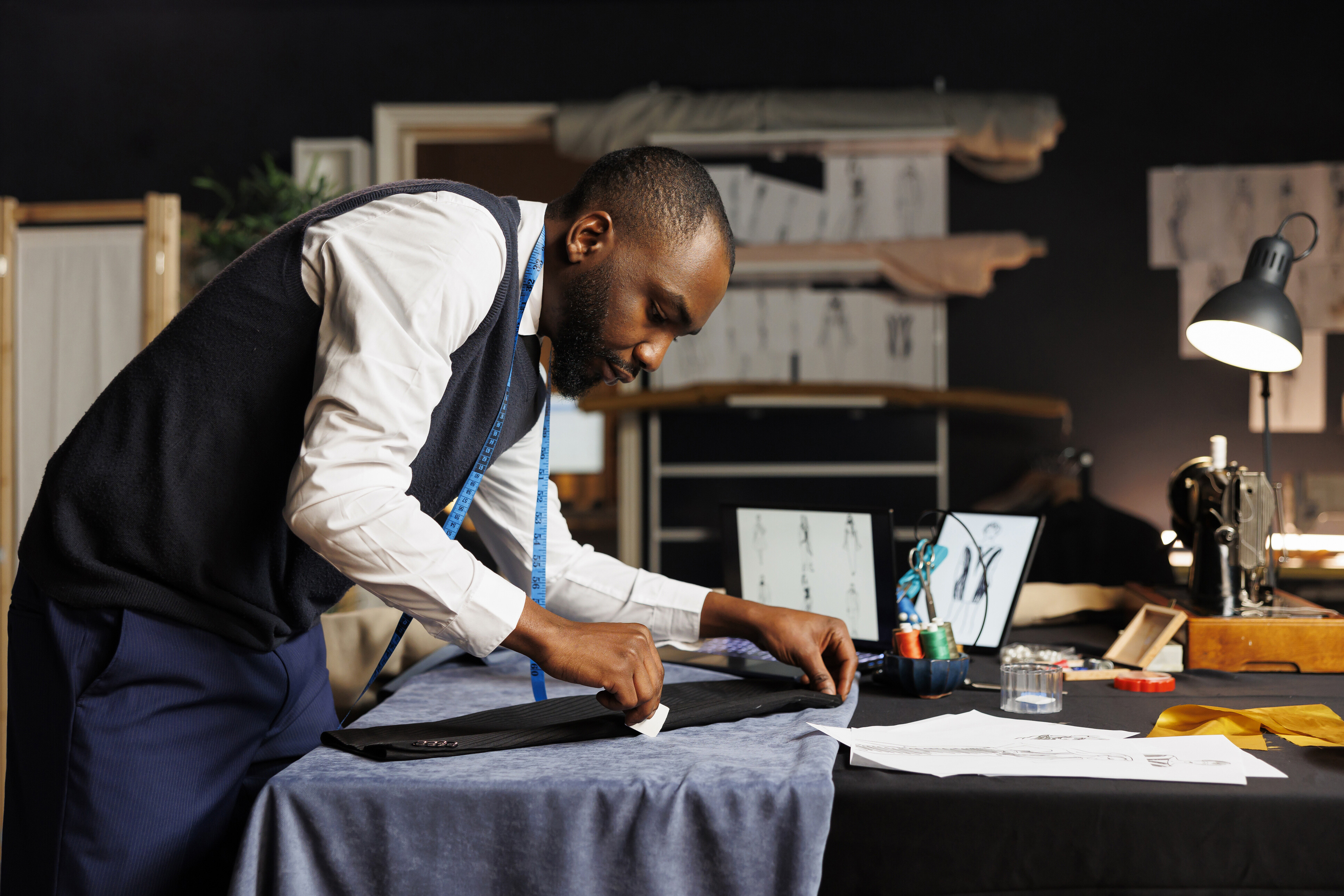 A suit tailor making alterations on a suit sleeve in his workspace.