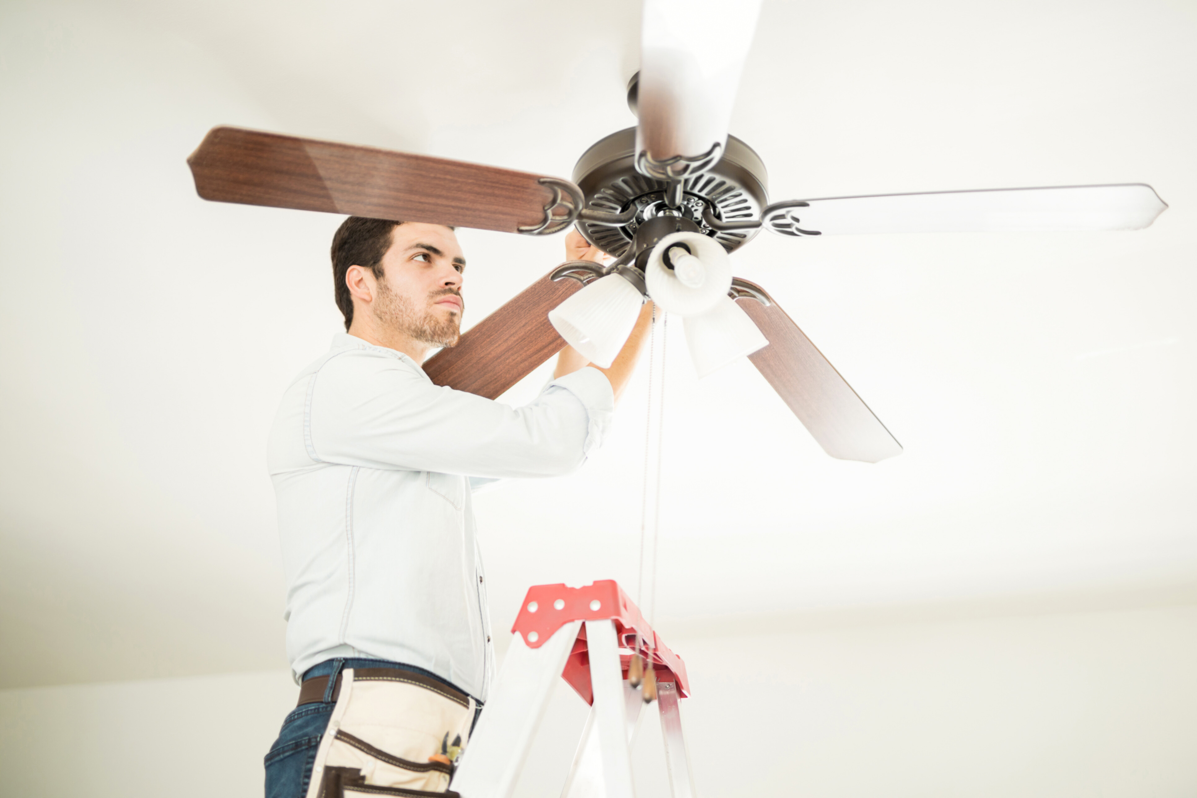 A pofessional handyman standing on a step ladder while he installs a ceiling fan.