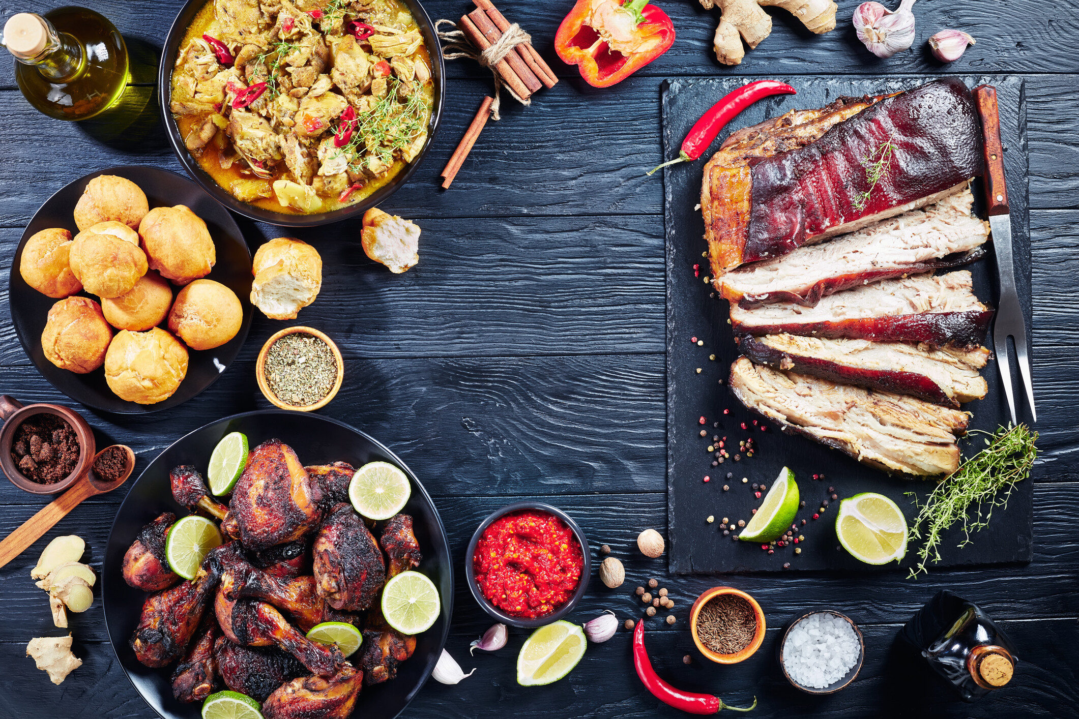 A Jamaican food spread ready for delivery and take out.