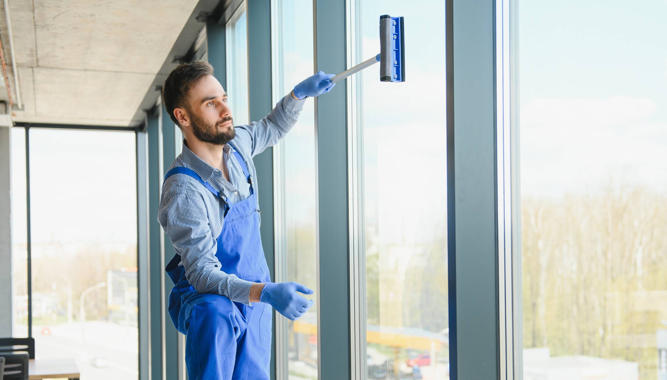 A professional window cleaner using a squeegee to clean a large glass window.