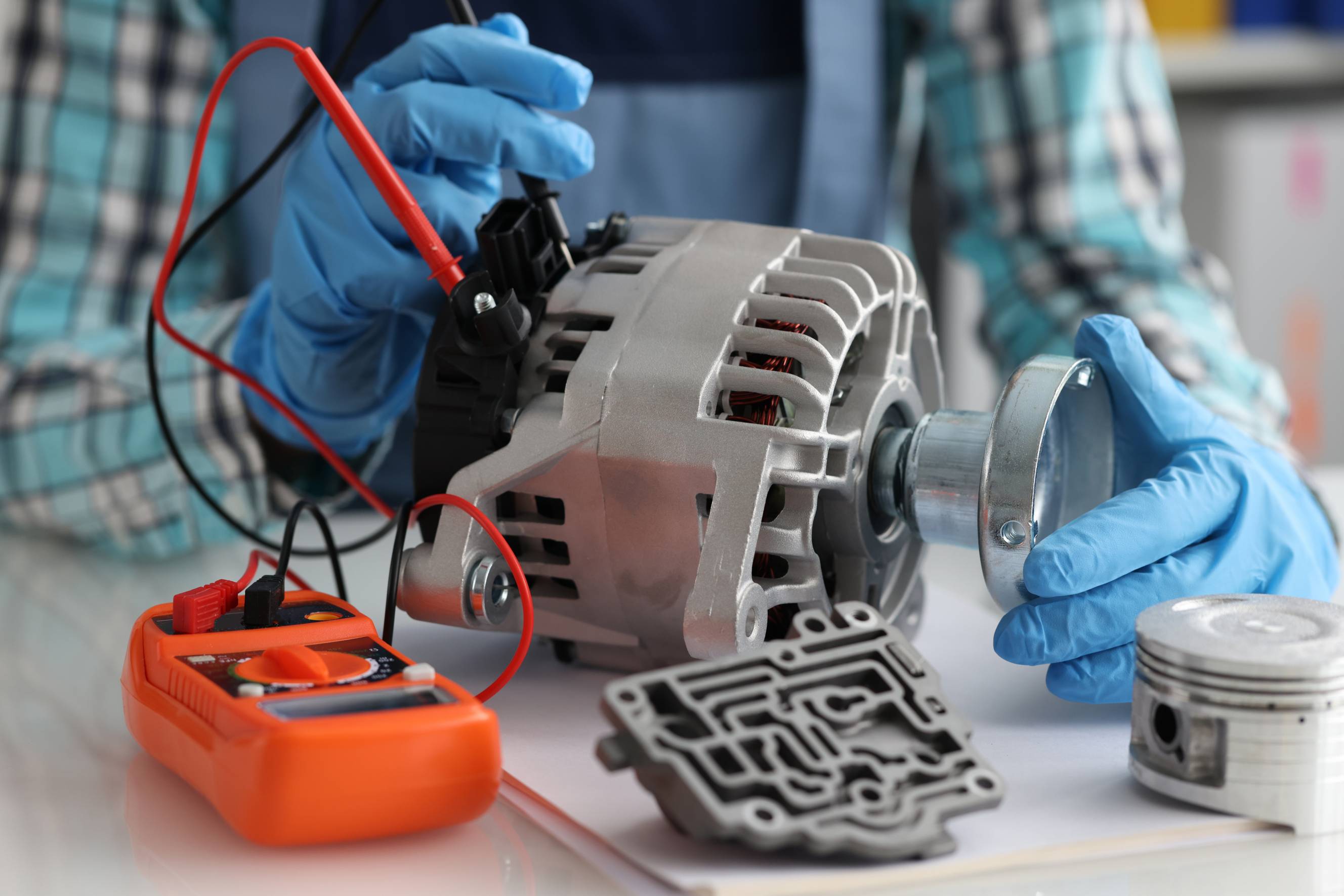 A mechanic doing car alternator repair and stator test with copper coil.