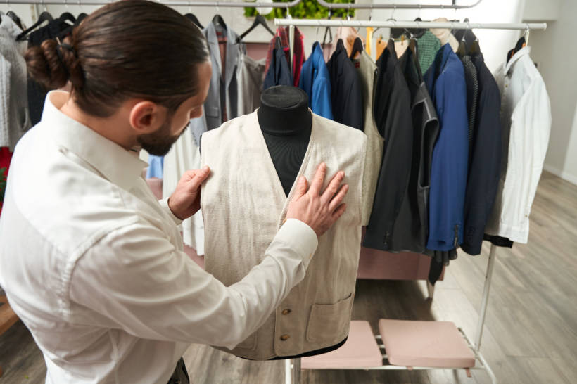 Waistcoat vs Vest - Tailor examining a waistcoat made from textured fabric