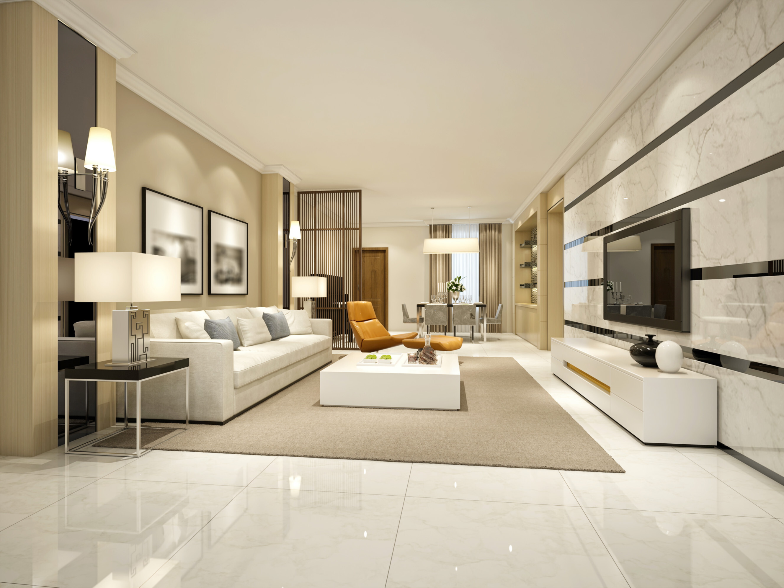 Modern living room with mixed flooring