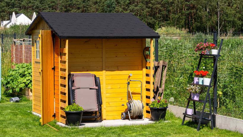 A charming yellow shed nestled in a well-maintained garden - barn vs shed