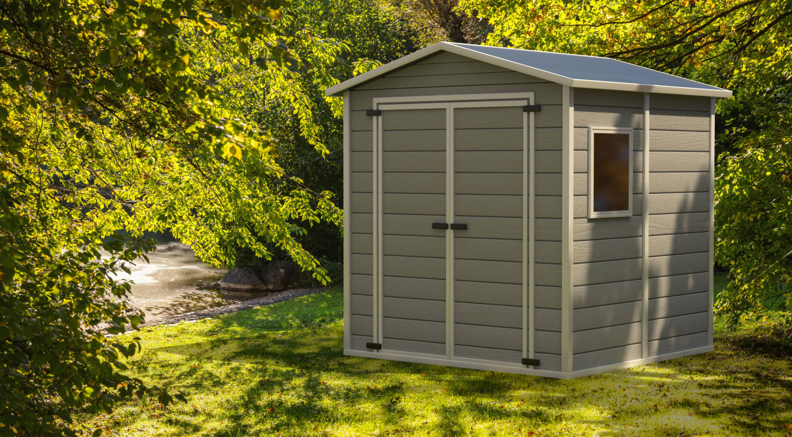 Compact garden shed surrounded by lush greenery, showcasing a practical storage solution for outdoor spaces.