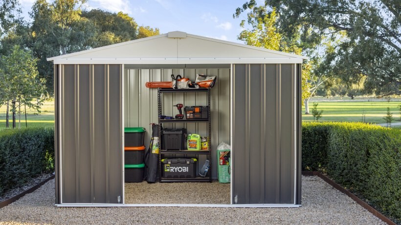 Gable roof shed with organised shelving for tools and equipment