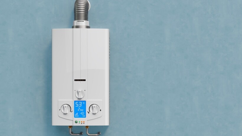 Electric boiler vs gas boiler - A white gas boiler mounted on a light blue wall, with a digital temperature display showing